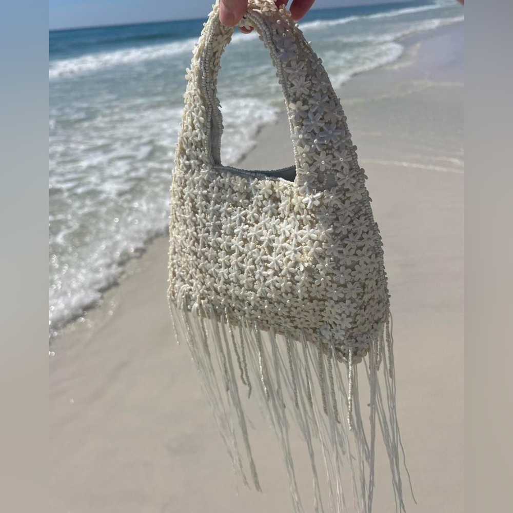 Viral Cream Floral and Fringe Beaded Bag, NWT Handcrafted In India